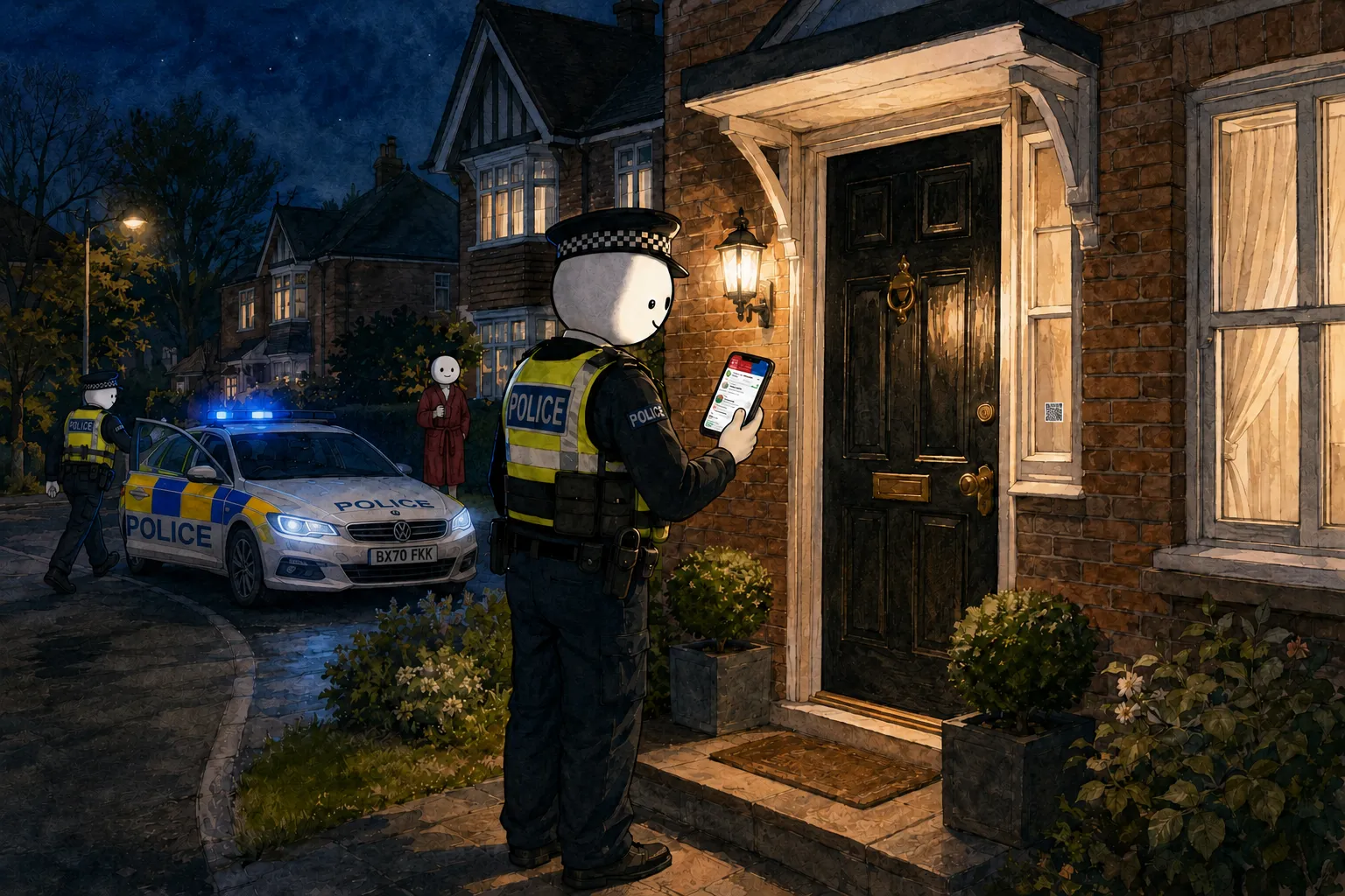 A police officer standing at a front door at night, checking a phone showing the ICE Jar app, with a QR code sticker visible on the window beside the door, a resident in a dressing gown by the doorway, and a second officer walking back to the patrol car with its blue lights on